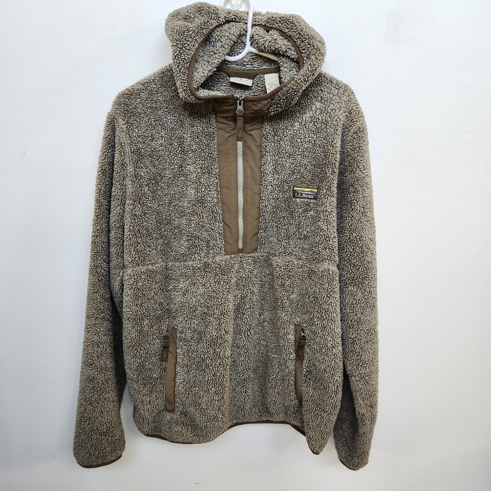 Vintage LL Bean Sherpa Fleece Pullover Hoodie Size M Green Brown 1/4 Zip Outdoor